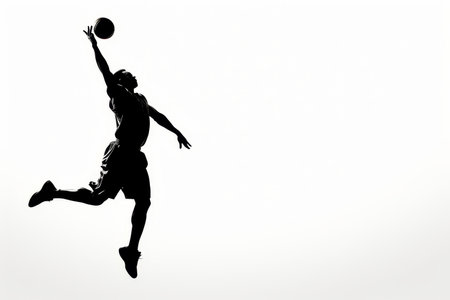 Basketball Player Slam Dunk Silhouette. Capture the dynamic movement of a basketball soaring towards the hoop, against a bright backdropの素材