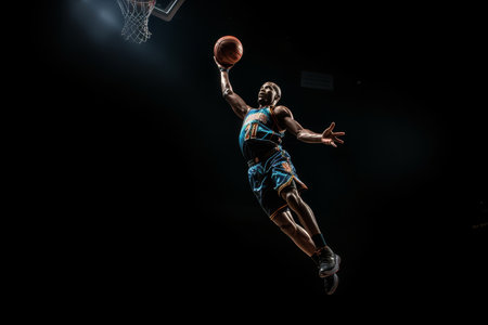 Basketball Player Slam Dunk Silhouette. Capture the dynamic movement of a basketball soaring towards the hoop, against a bright backdropの素材