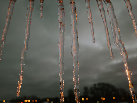 The serene winter landscape features glistening icicles hanging against a dusky sky. The...