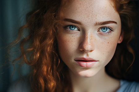Close-up portrait of woman with striking features, blue eyes, and freckles, studio lightingの素材