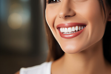 Close-up portrait of a person confidently smiling with bright, white dental veneersの素材