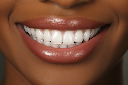 Confident person with beautiful white teeth veneers smiling confidently for dental health conceptの素材