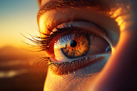 Detailed close-up of womans eye pupil displaying intricate textures for stock photographyの素材