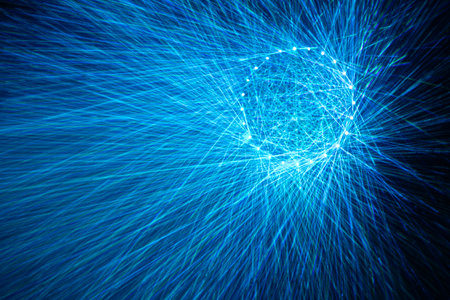 Abstract blue background with glowing particles, lines and points. 3d renderingの写真素材