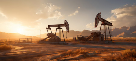 Oil pump oil rig energy industrial machine for petroleum in the sunset backgroundの素材