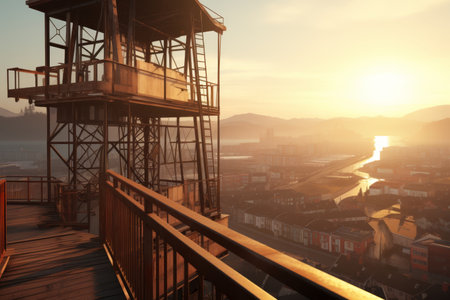 Beautiful and serene sunset scene with offshore jack up rig in the middle of the seaの素材