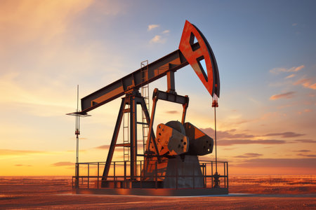 Oil pump industrial machine for petroleum energy production at sunset in oil field backgroundの素材