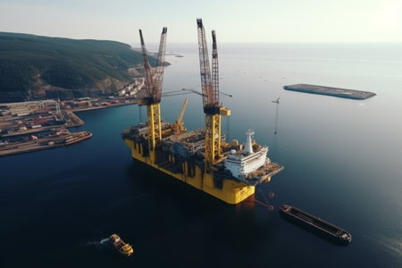 Offshore jack up rig in the middle of the sea at sunset time with beautiful sky in backgroundの素材