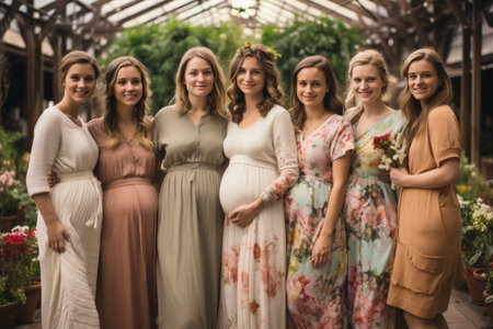 Group of expecting moms in a prenatal yoga class, smiling and practicing wellnessの素材