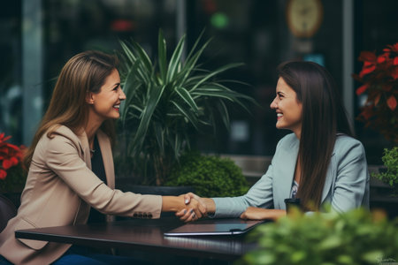 Smiling female executive manager shaking hands with partner in an office meetingの素材