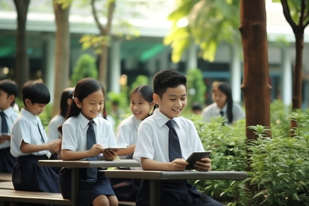 children using education tablet in the classroomの素材