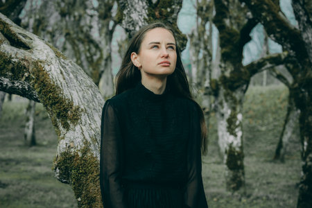 Portrait of a beautiful girl in a black dress in the forestの写真素材