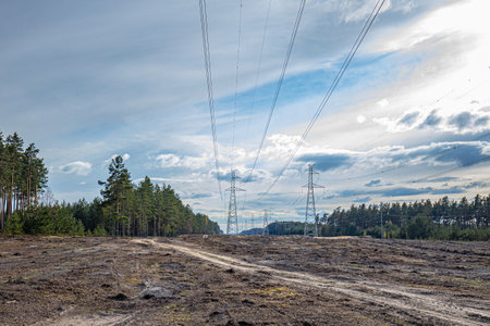Power line on the background of the forest and blue sky with cloudsの写真素材