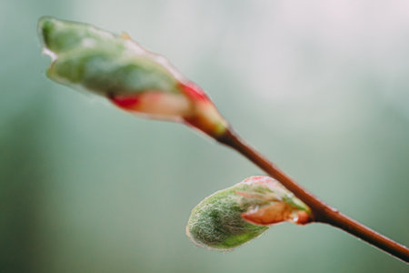 Close up of the buds of a willow tree in spring.の写真素材