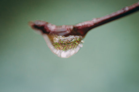 A drop of water on a branch of a tree in the springの写真素材