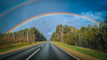 Rainbow over the asphalt road through the forest. Landscape.の写真素材