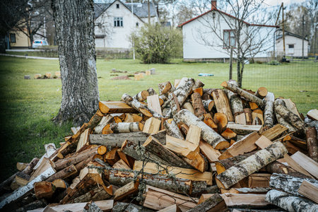 Pile of firewood in the yard, ready for winter.