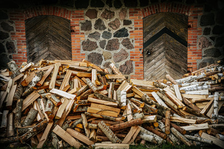 Firewood stacked in front of the entrance to an old church.