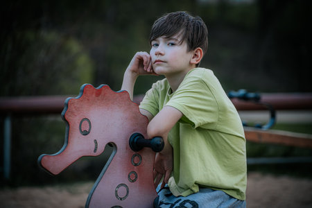 boy playing on a wooden horse in the park, the concept of childhoodの写真素材