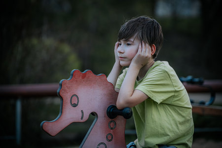 Portrait of a boy on a playground in the park. Selective focus.の写真素材