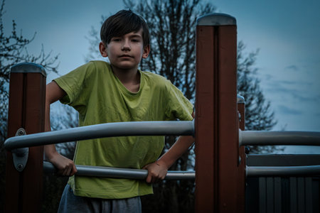Portrait of a boy on the playground. Selective focus.の写真素材