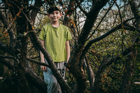 teenager boy in a green T-shirt and jeans stands on the branches of a tree in the parkの写真素材