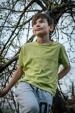 Portrait of a boy in a green T-shirt on a background of a tree.の写真素材