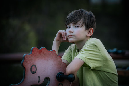 Portrait of a boy on a playground in the park. Toning.の写真素材
