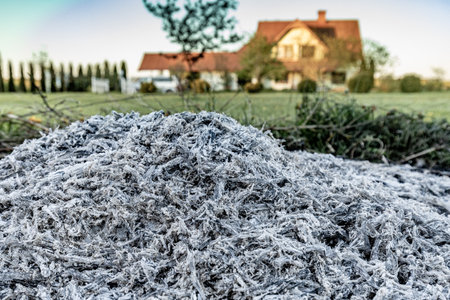 Pile of black coal in front of a farm house on a sunny dayの写真素材