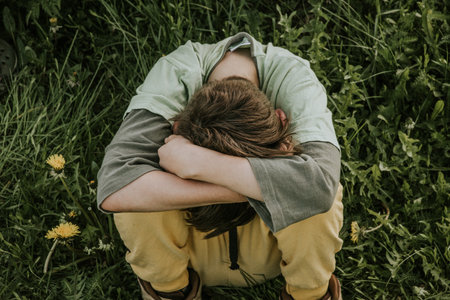 Boy sitting on the grass with his hands behind his head, back viewの写真素材