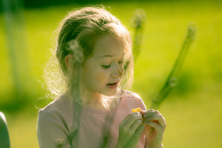 Cute little girl playing in the park on a sunny summer dayの写真素材