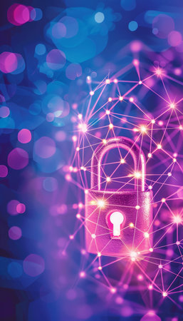 Detailed visualization of a secure network featuring interconnected data lines and nodes with a prominently locked gateway, symbolizing the complexity of digital privacy and cybersecurity.の素材