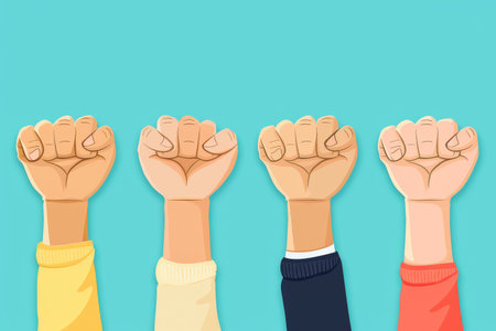 A vibrant illustration celebrating Black History Month, featuring diverse individuals raising fists in a powerful gesture of solidarity and empowermentの素材