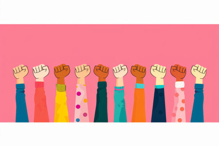 A vibrant illustration celebrating Black History Month, featuring diverse individuals raising fists in a powerful gesture of solidarity and empowermentの素材