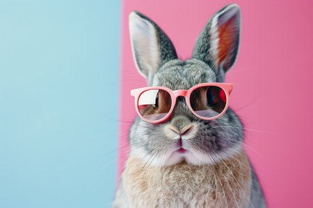 A playful depiction of a bunny wearing stylish sunglasses, set against a vibrant, colorful background, capturing a whimsical, fun vibe.の素材