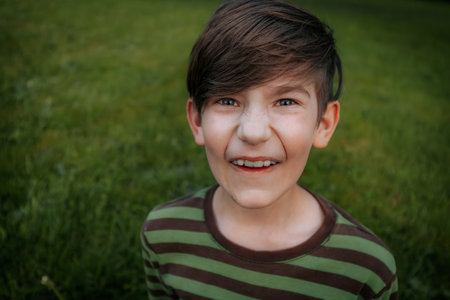 Portrait of a smiling boy in a striped T-shirt on a background of green grassの写真素材