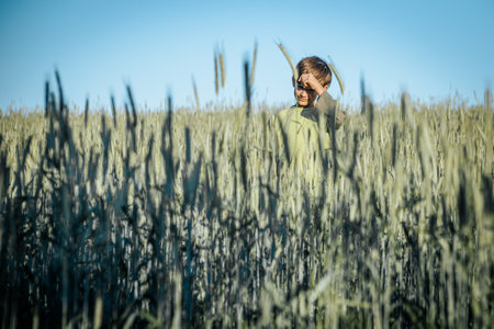 Portrait of a boy in a wheat field on a sunny dayの写真素材
