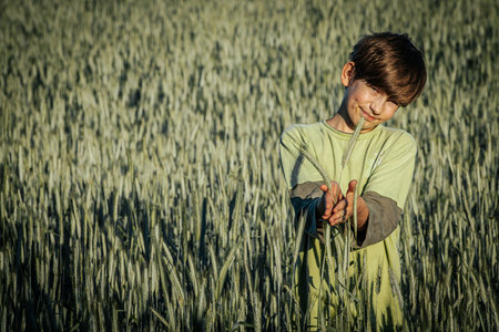 Portrait of a boy in a wheat field. Selective focus.の写真素材
