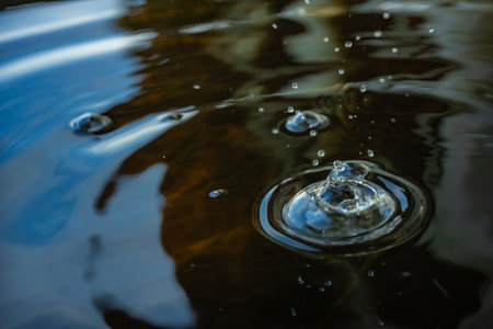 Water drop falling into the water. Splash effect after collision a falling drops with water Surfaceの写真素材