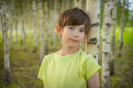 Portrait of a boy in a birch grove. Selective focus.の写真素材