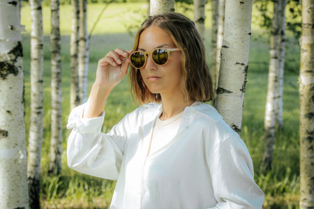 Portrait of a young beautiful girl in a white shirt and sunglasses on a background of birch treesの写真素材