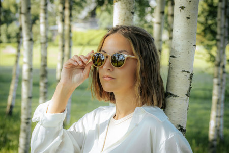 Portrait of a beautiful young woman in a white shirt and sunglasses.の写真素材