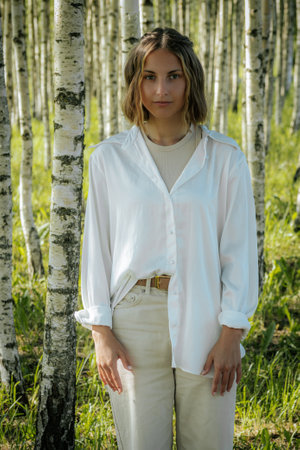 Portrait of a beautiful young woman in a birch groveの写真素材