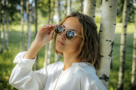 Young beautiful girl in a white shirt and sunglasses on a background of birch treesの写真素材