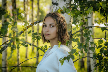 Portrait of a beautiful girl in a birch grove.の写真素材