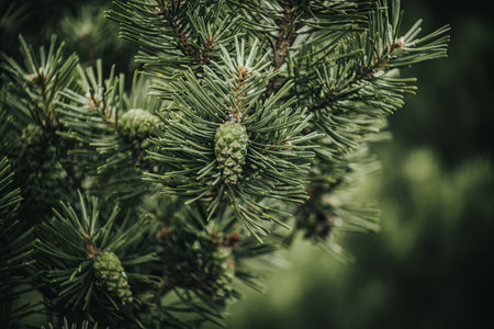 Pine tree branch with green cones, close-up. Nature backgroundの写真素材