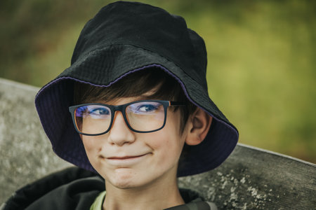 Portrait of a boy in a hat and glasses on a benchの写真素材