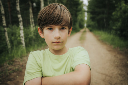Portrait of a boy in a green T-shirt in the woodsの写真素材
