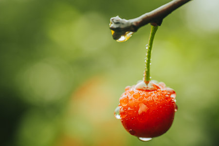 Cherries on a branch with drops of water after rain.の写真素材