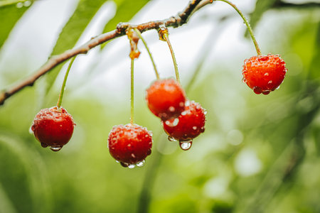 Ripe red cherries on a branch with water drops after the rainの写真素材